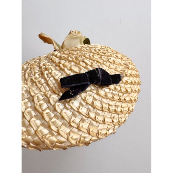 Vintage Raffia Straw Black Velvet Ribbon Yellow Faux Flower Juliet Hat - Picture 9 of 15